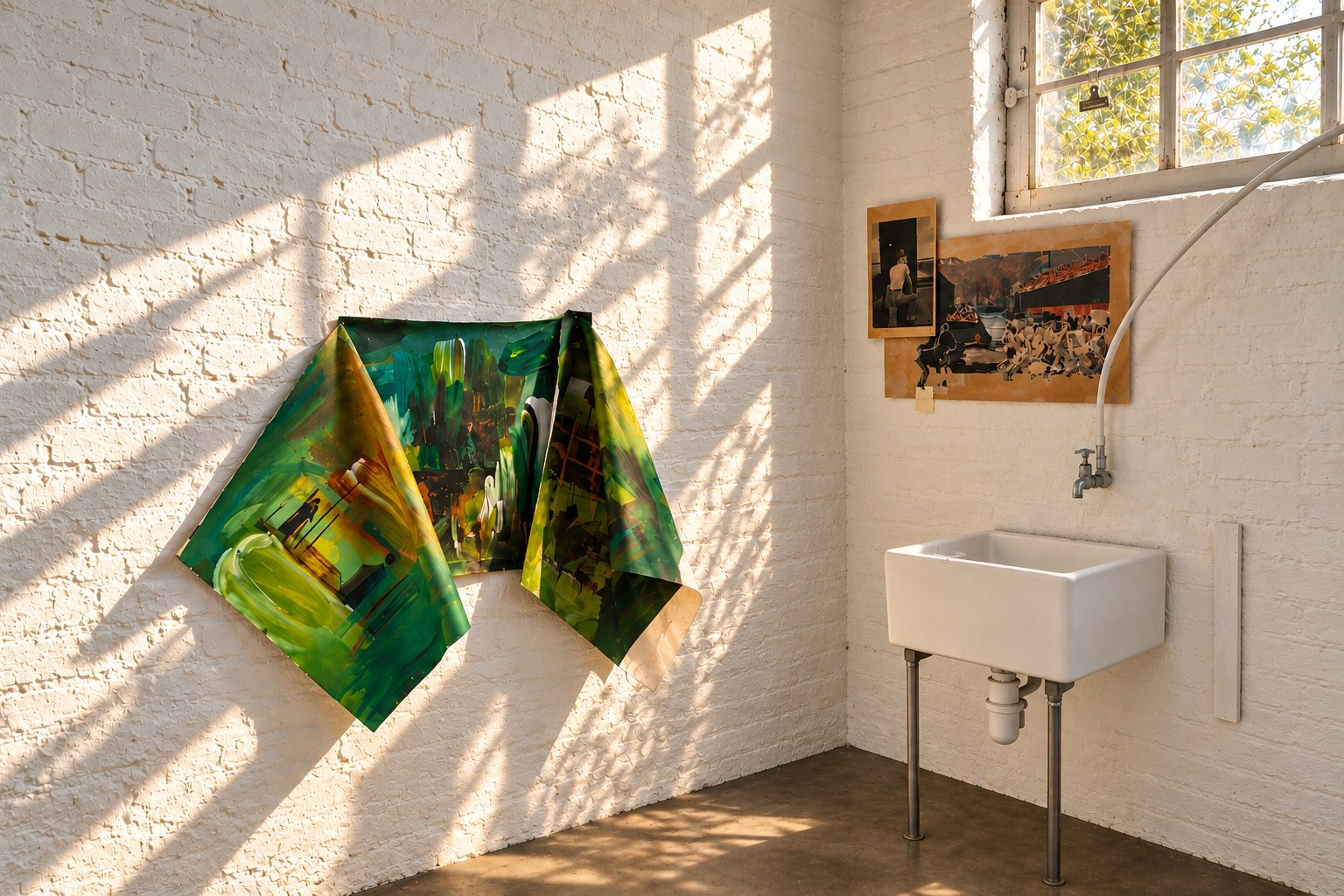 Green draped painting in the artist's studio, by Nikolaos Giannakakis