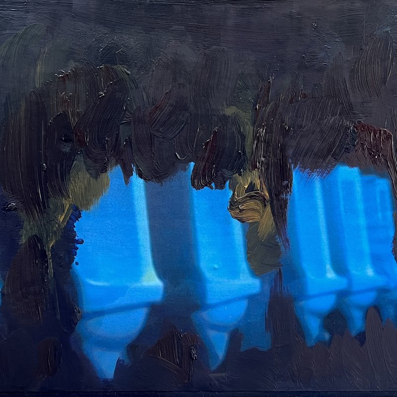 Subject of Desire (Outside Urinal Study), oil and paper on wood, by Nikolaos Giannakakis